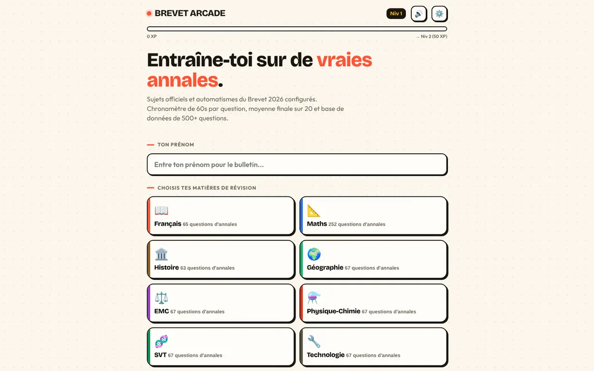 Brevet Arcade : choix des matières de révision.
