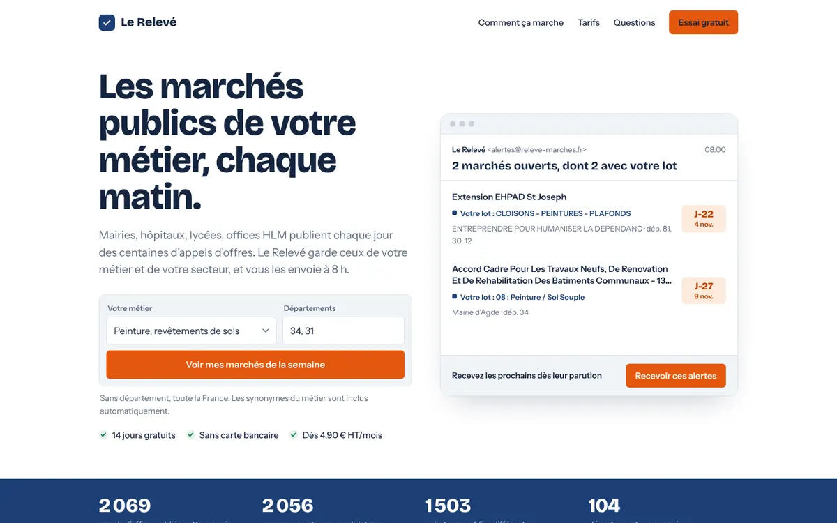 Page d'accueil du Relevé : « Les marchés publics de votre métier, chaque matin ».
